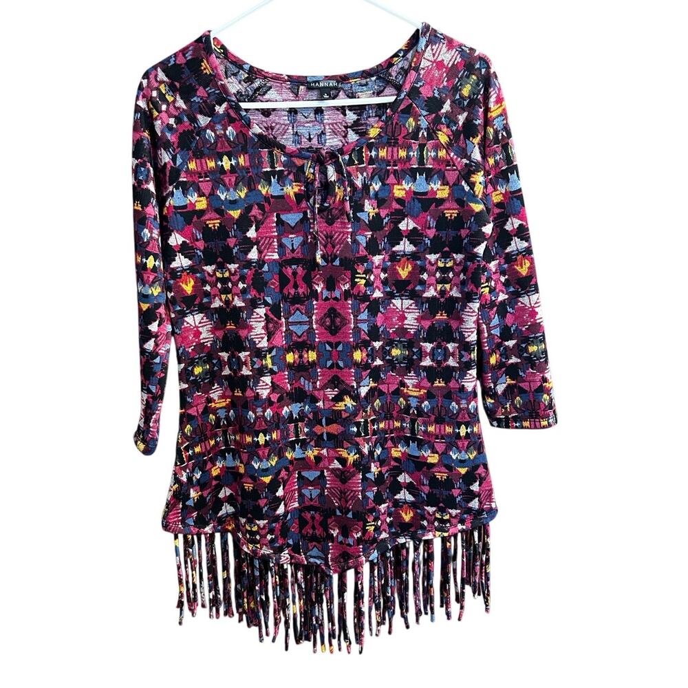Hannah Aztec Geometric Boho Western Fringe Top 3/4 Sleeve Colorful Size Small